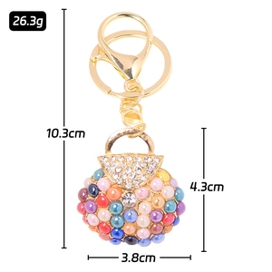 Golden handbag keychain with colorful beads and rhinestones for women purse accessories