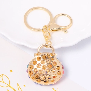 Champagne gold metal handbag keychain with colorful beads, lobster clasp and large ring