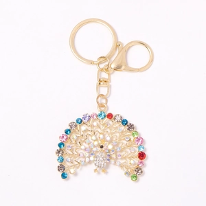 Colorful peacock rhinestone keychain with gold metal plating and crystal bird charm