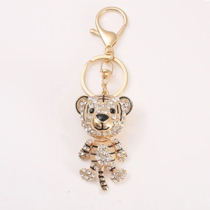 Golden zodiac tiger keychain with sparkling crystal rhinestones and lobster clasp