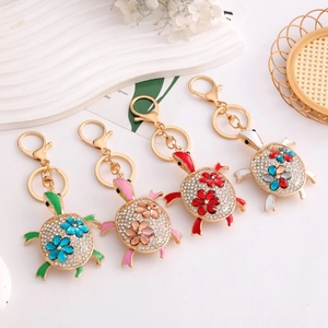 Rhinestone Sea Turtle Keychain Zinc Alloy Enamel Flower Animal Charm Gold Plated Sparkly Key Ring Bag Pendant For Women