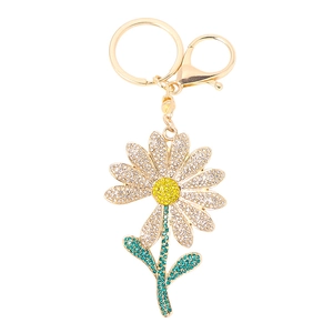 Exquisite gold metal daisy keychain with sparkling rhinestones and lobster clasp hook