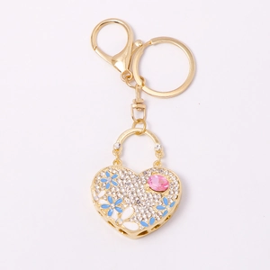 Exquisite gold heart bag keychain with sparkling rhinestones and crystal flower charms