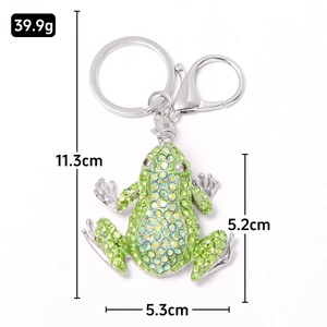 Green crystal frog keychain with sparkling rhinestones and durable silver metal ring