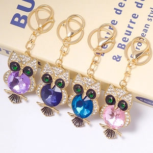 Luxury Rhinestone Owl Keychain Gold Zinc Alloy Animal Bag Charm Pendant Crystal Inlaid Key Ring For Women Gift Accessories