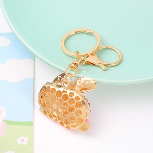 Portachiavi con coniglio in metallo dorato con strass rosa e chiusura a moschettone