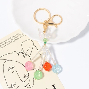 Acrylic Butterfly Rose Beaded Keychain Zinc Alloy Flower Bag Charm Tassel Pendant Accessory For Women Girls Decoration