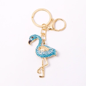 Blue flamingo keychain with sparkling crystals and gold-tone metal lobster clasp