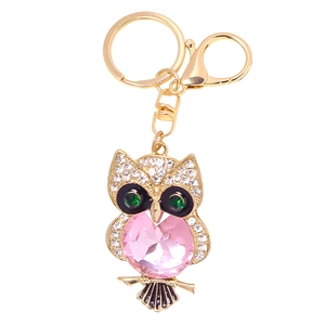 Golden owl keychain with pink gemstone, white rhinestones and lobster clasp accessory