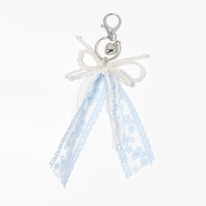 Fashionable blue lace ribbon bow keychain with pearls and metal heart charm for bags