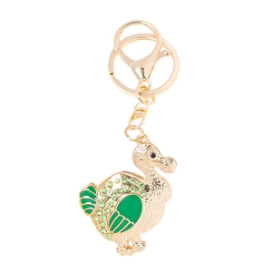 Sparkling gold metal duck keychain with green rhinestones and green enamel details