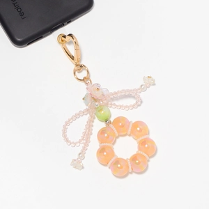 Colorful crystal beaded charm with orange resin beads and pink bow for phone or keys