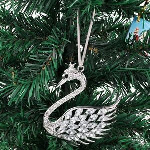 Swan Christmas Hanging Ornament Rhinestone Zinc Alloy Animal Pendant With Crown For Xmas Tree Decor Party Festive Gift