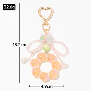 Colorful crystal beaded heart keychain with flower and bow pendant, 13.2cm length