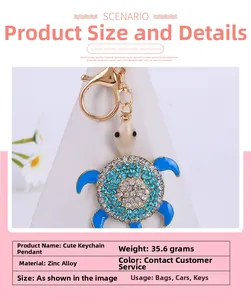 Detailed specs of crystal sea turtle keychain with blue rhinestones and zinc alloy ring