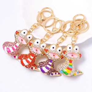 Chic cartoon snake keychains with colorful crystals and gold-tone metal ring sets