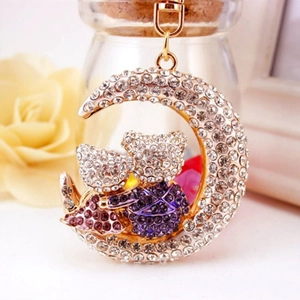 Golden moon keychain with rhinestone bears and lobster clasp for romantic gift