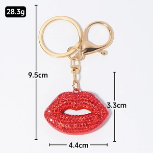 Porte-clés lèvres rouges en strass avec mousqueton doré pour charms de sac à main