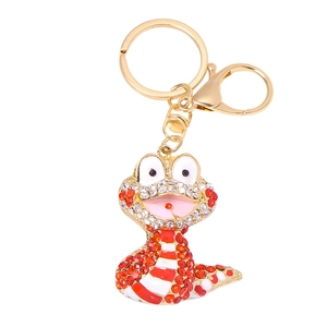 Sparkling cartoon snake keychain with rhinestones and gold-plated metal ring