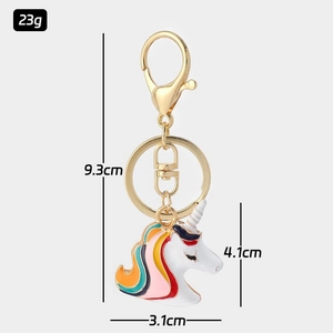Detailed size chart for a colorful unicorn keychain with metal alloy charms and ring