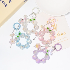 Porte-clés Perlé Tulipe Mignon en Résine Alliage de Zinc Pendentif de Sac Fleur Papillon Chaîne de Téléphone pour Femmes Cadeau