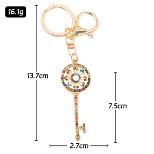 Golden key keychain with colorful rhinestones, total length 13.7cm and weight 16.1g