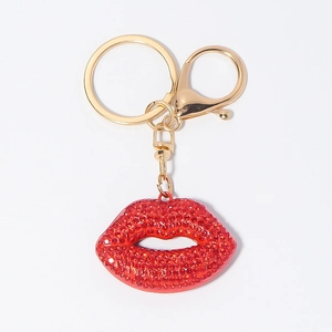 Porte-clés lèvres rouges scintillantes avec strass et anneau en métal doré