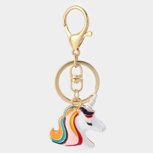 Golden unicorn keychain with rainbow enamel hair and sparkling rhinestone metal accents