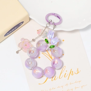Porte-clés tulipe violette avec perles irisées et fermoir à ressort pour sacs et mobiles
