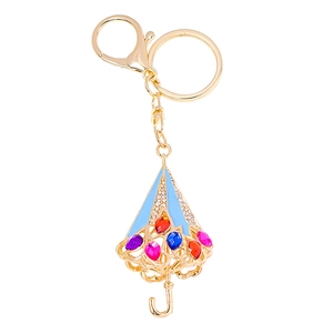 Porte-clés parapluie en cristal coloré avec strass brillants et anneau en métal doré