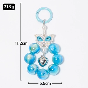 Schlüsselanhänger mit blauem Kristallschmetterling, Herzanhänger und Perlenarmband