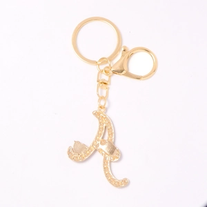 Golden luxury metal keychain with a crystal letter A charm on a white background