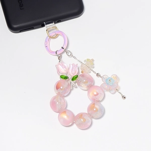Bijou de téléphone perlé rose avec pendentif tulipe et papillon pour sac à dos