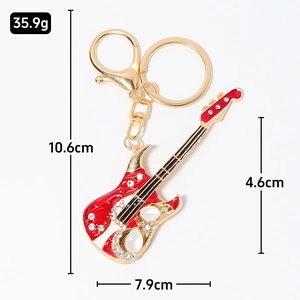 Rock style electric guitar keychain with rhinestones and enamel, 10.6cm length