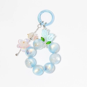 Porte-clés mignon tulipe bleue avec perles irisées et mousqueton en alliage de zinc