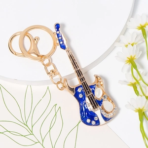 Sparkling crystal electric guitar keychain with blue enamel finish and lobster clasp