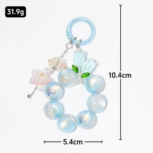 Porte-clés tulipe perlé bleu clair avec anneau en alliage de zinc pour sacs et téléphones