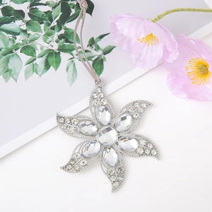 Zinc alloy silver snowflake flower pendant with crystal rhinestones and grey suede cord