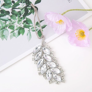 Exquisite leaf-shaped zinc alloy pendant with marquise crystals and elegant suede cord