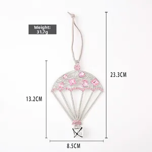 Pink rhinestone parachute ornament with bells and detailed product dimensions