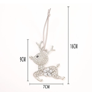 Detailed close-up of a 9cm sparkling rhinestone reindeer ornament with dimensions listed