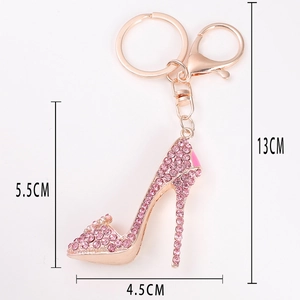 Pink rhinestone high heel keychain in rose gold alloy finish with 13cm total length