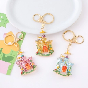 Fairytale Castle Metal Keychain Zinc Alloy Rhinestone Enamel Bag Charm For Women Kids Gift Pink Gold Blue Castle Keychain