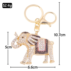 Golden elephant keychain with colorful rhinestones, measurements 10.7cm height and 52.4g weight