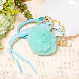 Butterfly Letter Rhinestone Keychain With Faux Fur Pom Pom PU Leather Braided Lanyard For Women Bag Charm Car Key Ring