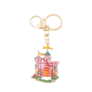 Pink fairy tale castle keychain with sparkling rhinestones and golden lobster clasp