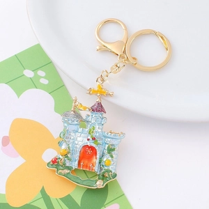 Exquisite fairy tale castle keychain with colorful enamel and gold metal ring for bags