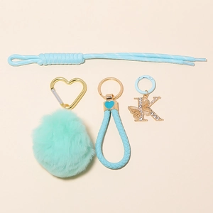 Blue braided lanyard keychain set with heart buckle, mink pompom and rhinestone K charm