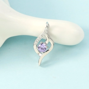 Elegant silver pendant with S-wave curve featuring a round purple gemstone and white zircons