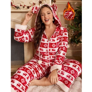 Women's Christmas reindeer hooded one-piece pajamas in red and white festive fleece